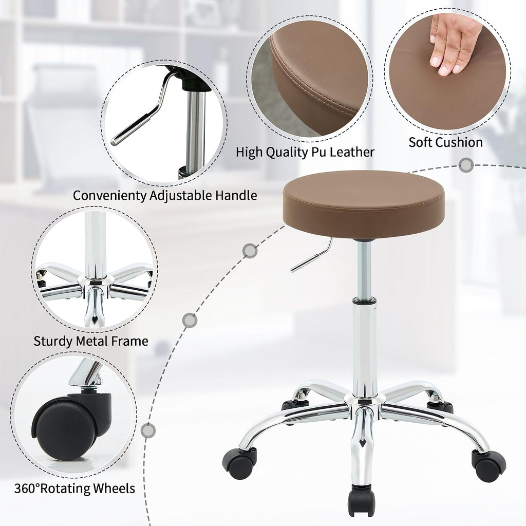 FIRAVOE Adjustable Office Stool with Wheels 19.5"-26.6", Brown Thick Cushion Backless Rolling Chair (Coffee Brown)
