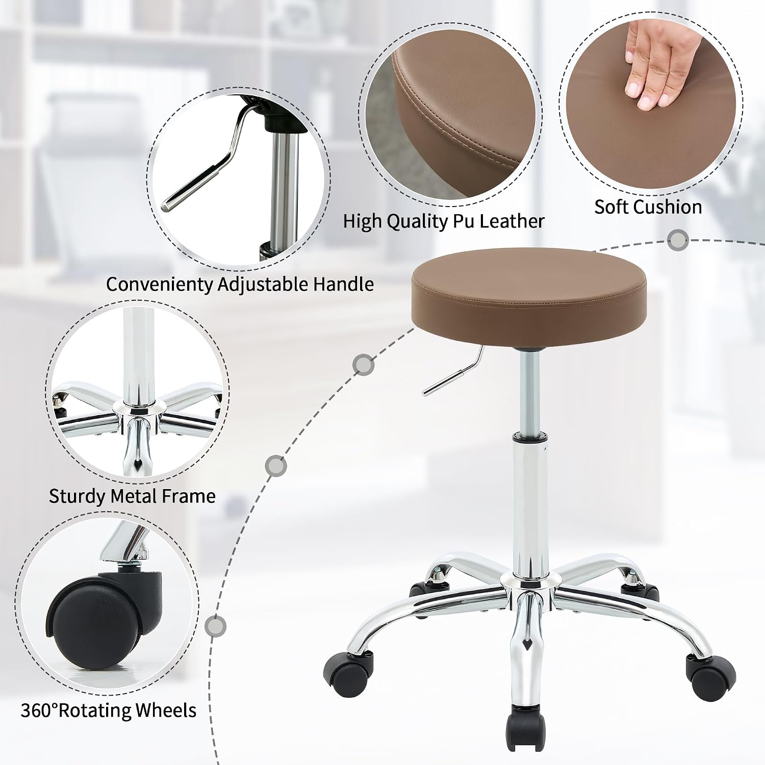 FIRAVOE Adjustable Office Stool with Wheels 19.5"-26.6", Brown Thick Cushion Backless Rolling Chair (Coffee Brown)