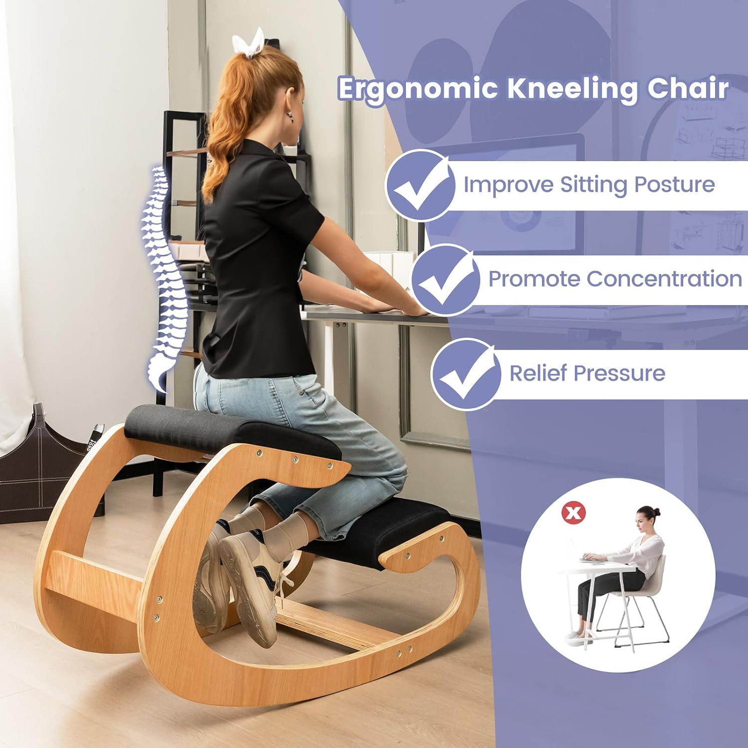 GOFLAME Ergonomic Kneeling Chair, Wooden Rocking Knee Chair with Comfortable Padded Seat Cushion & Knee Support for Home Office, Upright Posture Support Chair for Back Pain Relief (Black)
