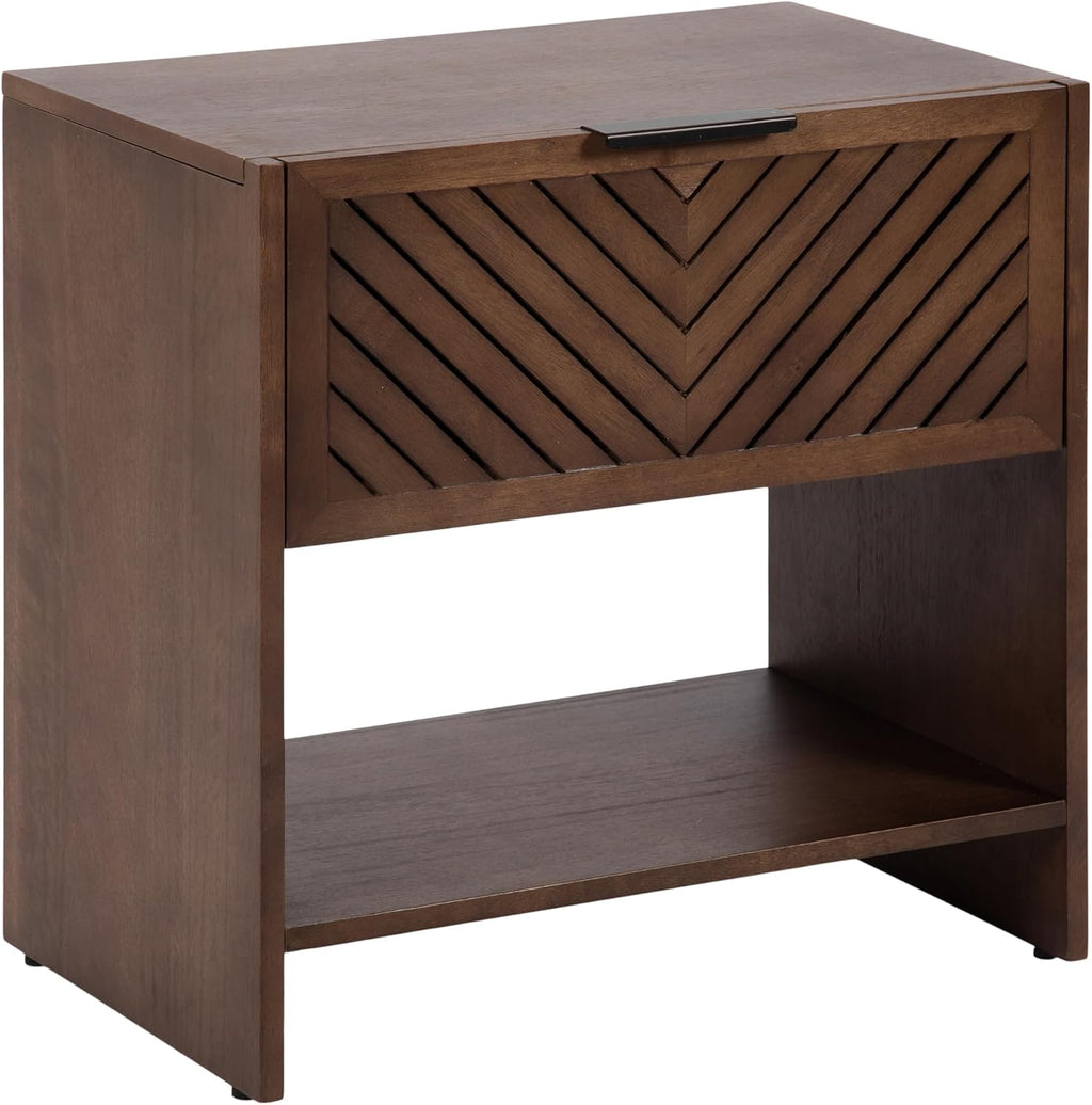 Kate and Laurel Mezzeta Modern Slatted Wood Side Table with Storage, 22 x 14 x 22, Natural Wood, Transitional Chevron Mango Wood End Table with Bonus Shelf Below for Bedroom Nightstand