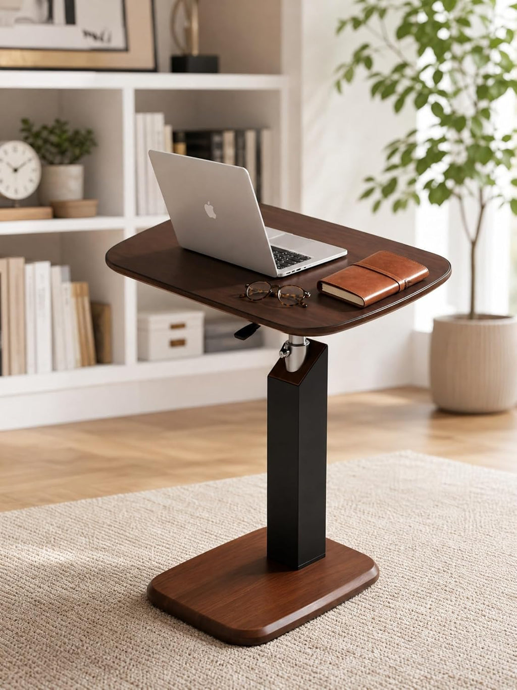 Tray Table with 360° Swivel, Adjustable Height Sofa Laptop Desk, C-Shaped Side Table with Wheels, Multi-Functional End Table for Living Room, Bedroom, Hospital (Walnut Tray + Black Stand)