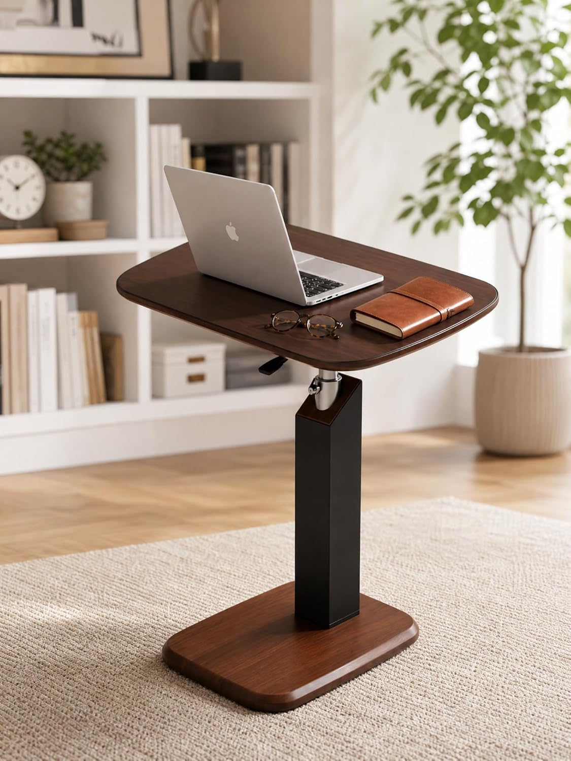 Tray Table with 360° Swivel, Adjustable Height Sofa Laptop Desk, C-Shaped Side Table with Wheels, Multi-Functional End Table for Living Room, Bedroom, Hospital (Walnut Tray + Black Stand)