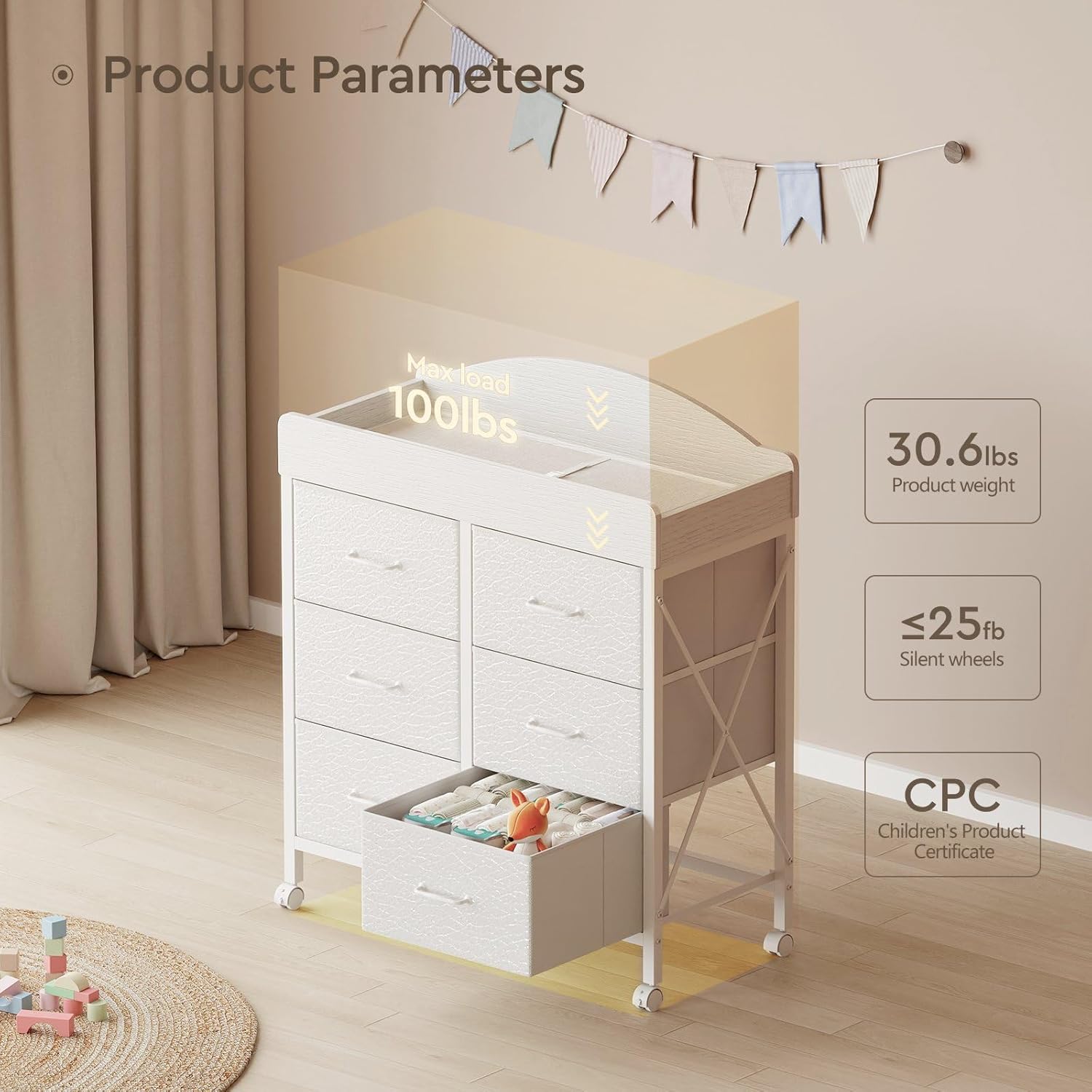 Yetom Baby Changing Table Dresser with Wheels, 6-Fabric Drawer Baby Dresser with Changing Table Top, Waterproof Diaper Changing Station & Pad, Mobile Storage Unit, Compact Baby Furniture, White