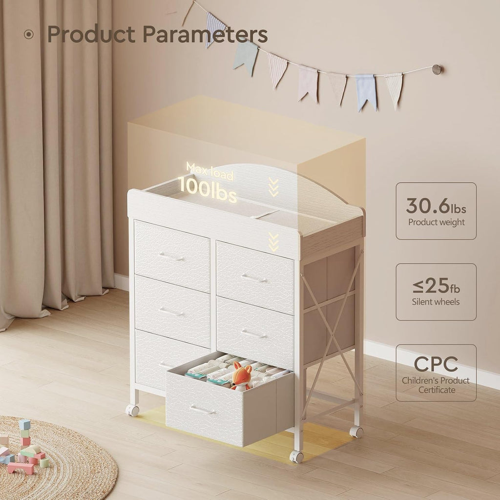 Yetom Baby Changing Table Dresser with Wheels, 6-Fabric Drawer Baby Dresser with Changing Table Top, Waterproof Diaper Changing Station & Pad, Mobile Storage Unit, Compact Baby Furniture, White