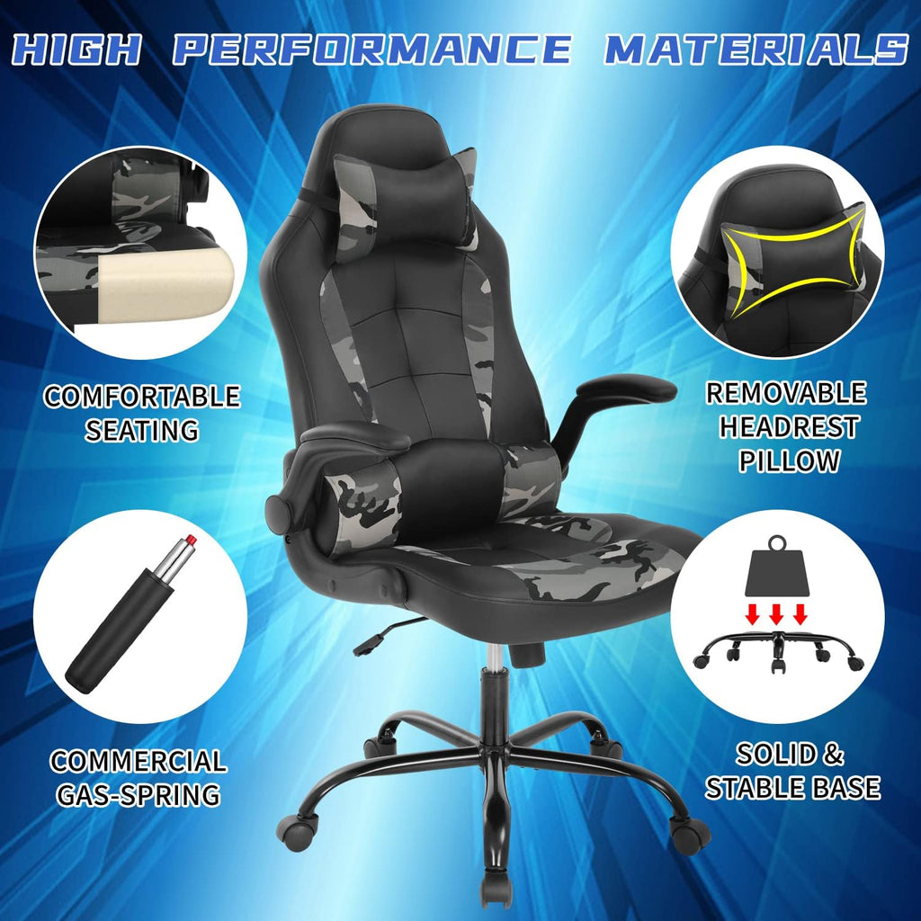 BLKMTY PC Gaming Ergonomic Computer Chair - Adjustable Office Swivel Video Game Racing Chair with Lumbar Support and Headrest - High Back Executive for Adults, Camo