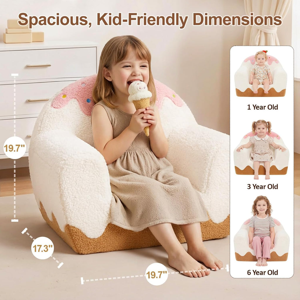 OUOZZZ Toddler Chair for Ages 1–6, Soft Sherpa Kids Sofa with Book Pocket & Carry Handle, Cozy Single-Seat Couch for Playroom or Bedroom, Birthday Gift for Girls (Ice Cream)