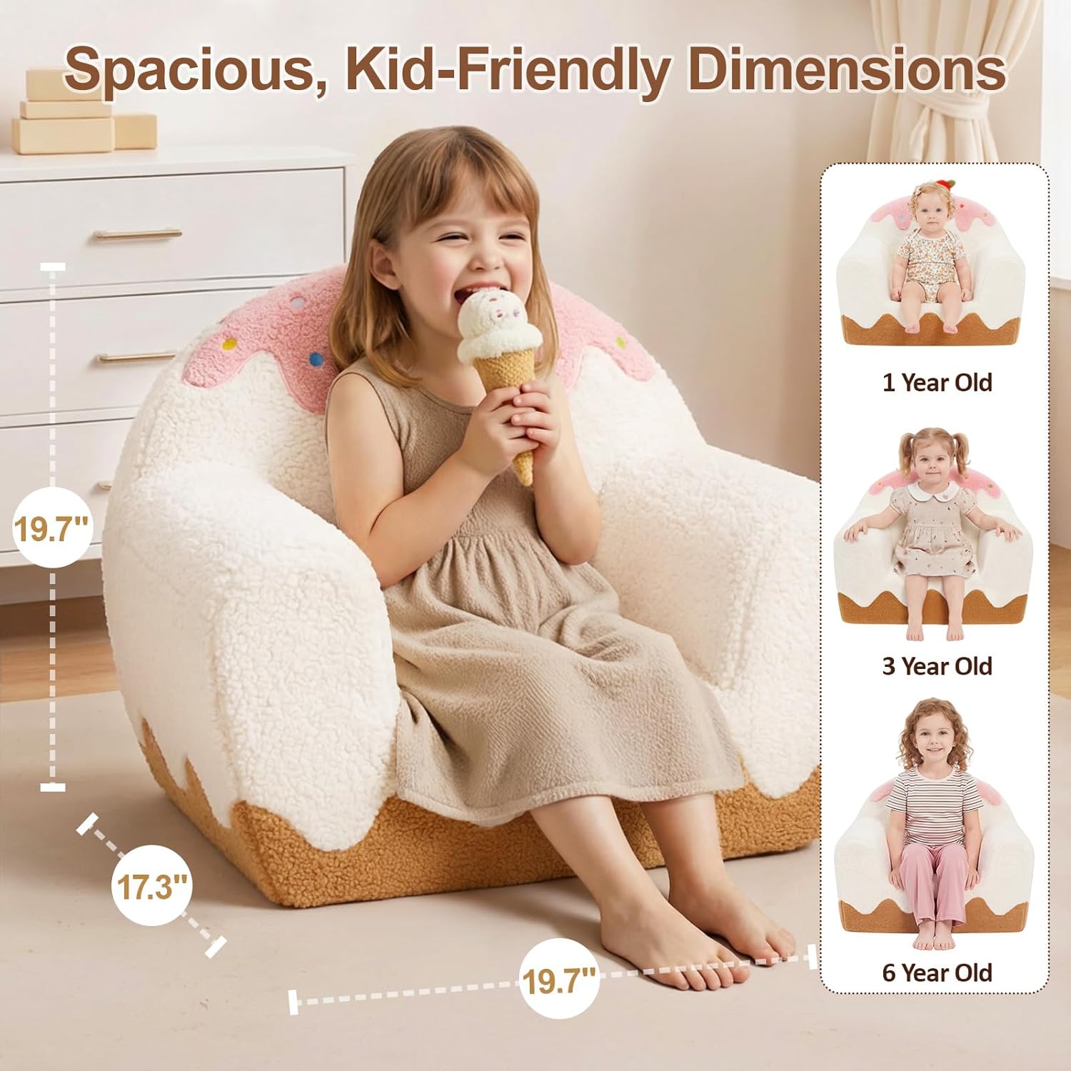 OUOZZZ Toddler Chair for Ages 1–6, Soft Sherpa Kids Sofa with Book Pocket & Carry Handle, Cozy Single-Seat Couch for Playroom or Bedroom, Birthday Gift for Girls (Ice Cream)