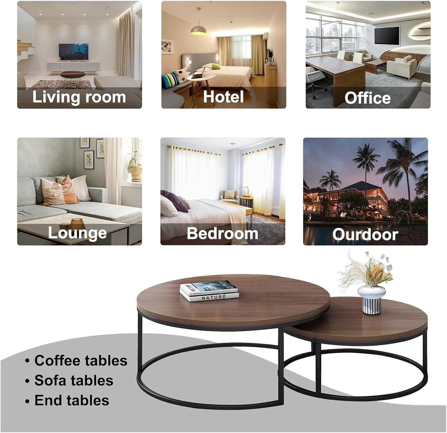 Round Nesting Coffee Table Set of 2, Modern Minimalist Accent Tables for Living Room, Bedroom, Office, Stackable Side Tables(Walnut)