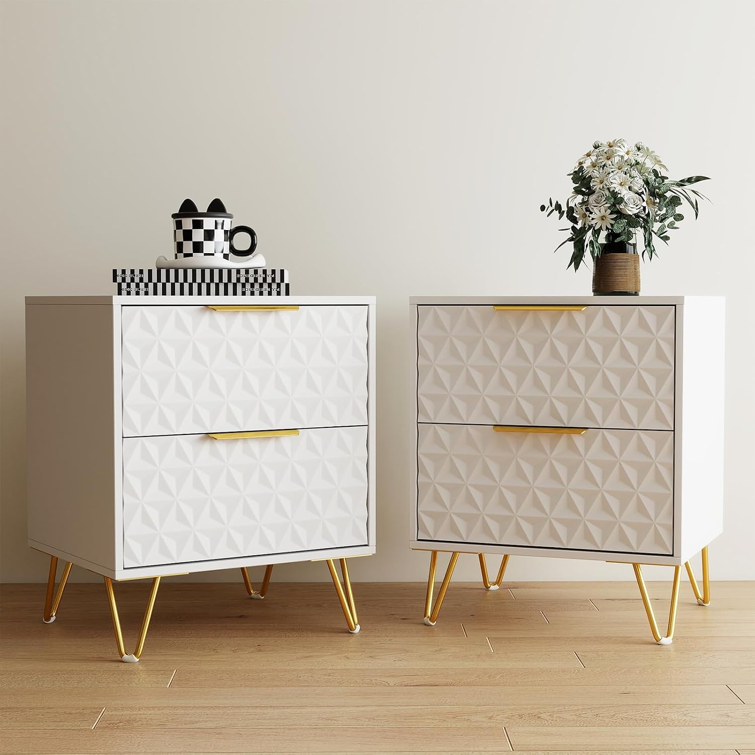 White and Gold Nightstand Set of 2,Modern Bedside Tables Set of 2 with 2 Drawer for Bedroom,End Side Table with Gold Legs for Living Room