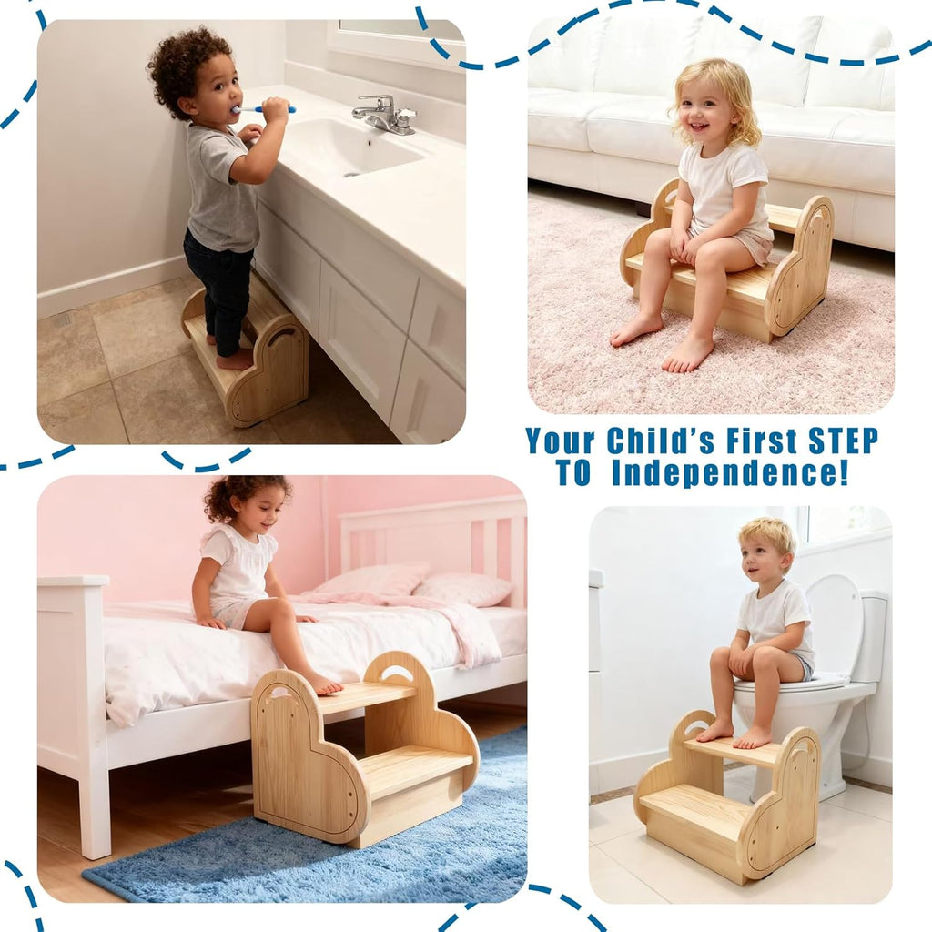 Wooden Stool with 2 Steps for Bedroom Kitchen High Shelves, Small Step Stool with Non-Slip Pads for Toddler Toilet Potty Training, Bathroom Sink, Step Ladder for Adults and Kids