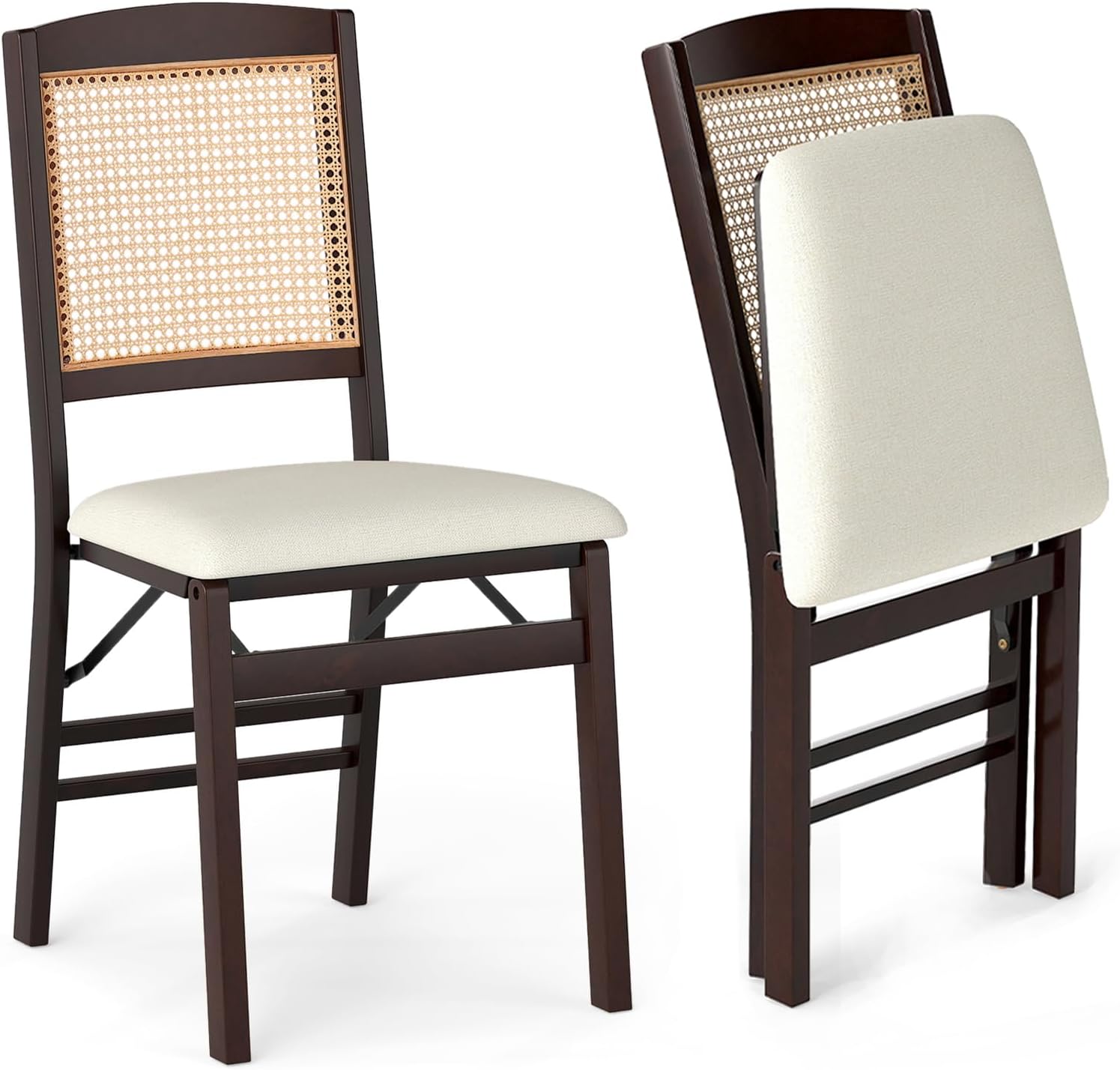 HAPPYGRILL Folding Dining Chairs Set of 2, Wood Kitchen Chair with Rattan Backrest & Padded Seat, Foldable Armless Side Chairs Set for Dining Room, Living Room, No Assembly (2, Espresso & Beige)