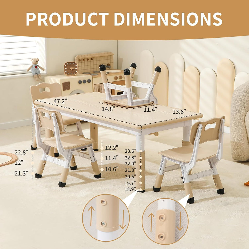 Hulaibit Kids Table and 4 Chairs Set, Height Adjustable Toddler Table and Chairs Set, Graffiti Desktop Children Activity Table for Ages 3-8, Daycare, Classroom, Home
