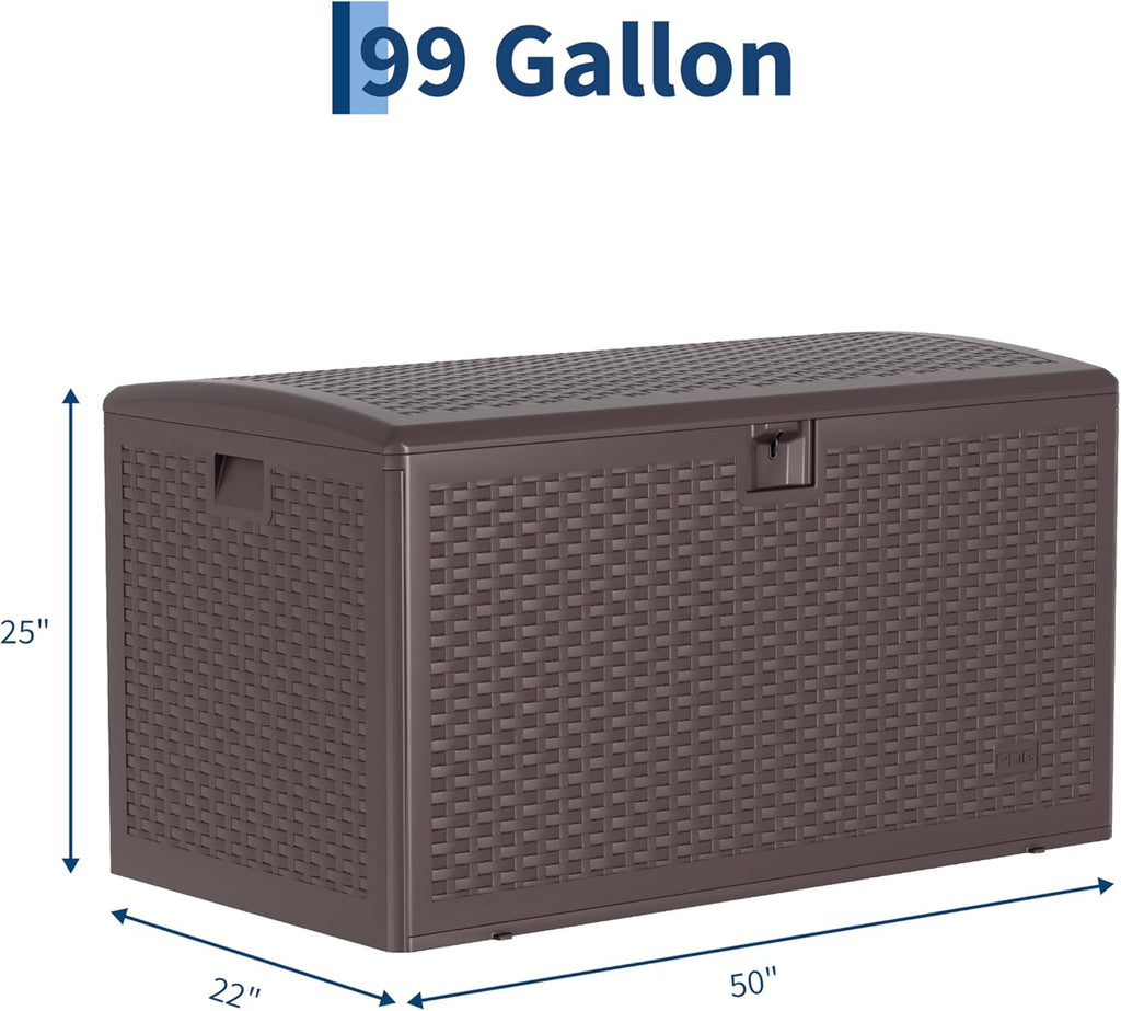 Takywep 99 Gallon Resin Wicker Outdoor Storage Deck Box, Waterproof UV Resistant Patio Storage Bench with Lockable Lid, Easy Assemble Outside Pool Garden Container in Brown Black Whiteer Style