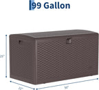 Takywep 99 Gallon Resin Wicker Outdoor Storage Deck Box, Waterproof UV Resistant Patio Storage Bench with Lockable Lid, Easy Assemble Outside Pool Garden Container in Brown Black Whiteer Style