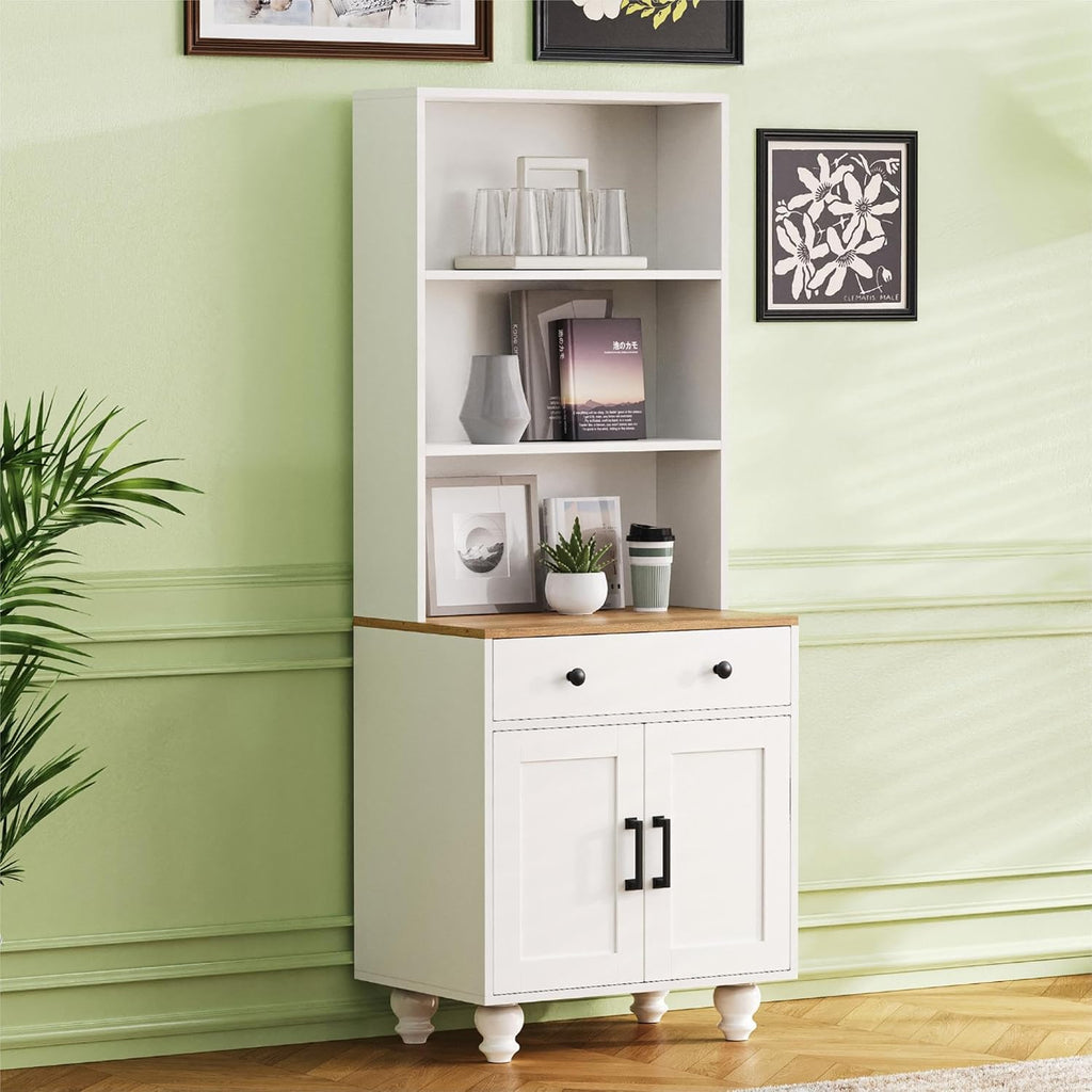 Modern Kitchen Pantry Cabinet with Adjustable Shelves, Farmhouse Storage Cabinet with 4 Solid Wood Gourd-Shaped Legs, Elegant 5 Tier Bookshelf with Drawer for Living Room, White