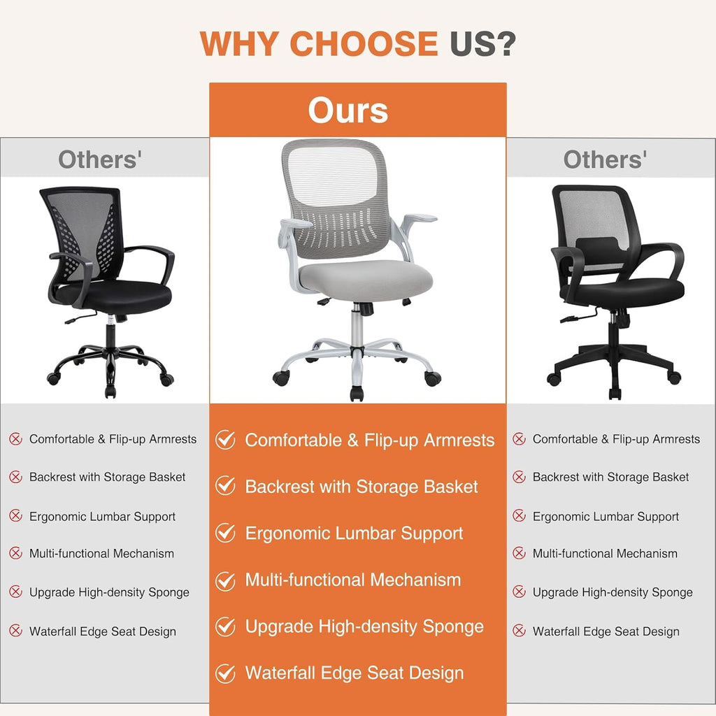 Sweetcrispy Office Computer Desk Chair, Ergonomic Mid-Back Mesh Rolling Work Swivel Task Chairs with Wheels, Comfortable Lumbar Support, Comfy Flip-up Arms for Home, Bedroom, Study, Student, Gray