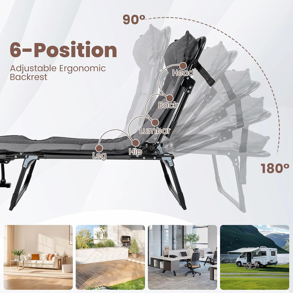 Giantex Folding Patio Lounge Chair with 6 Backrest Positions, Portable Foldable Bed with Cushion and Armrest, Head Pillow, Adjustable Recliner, Outdoor Camping Cot for Yard, Bench, Office, Home (1)