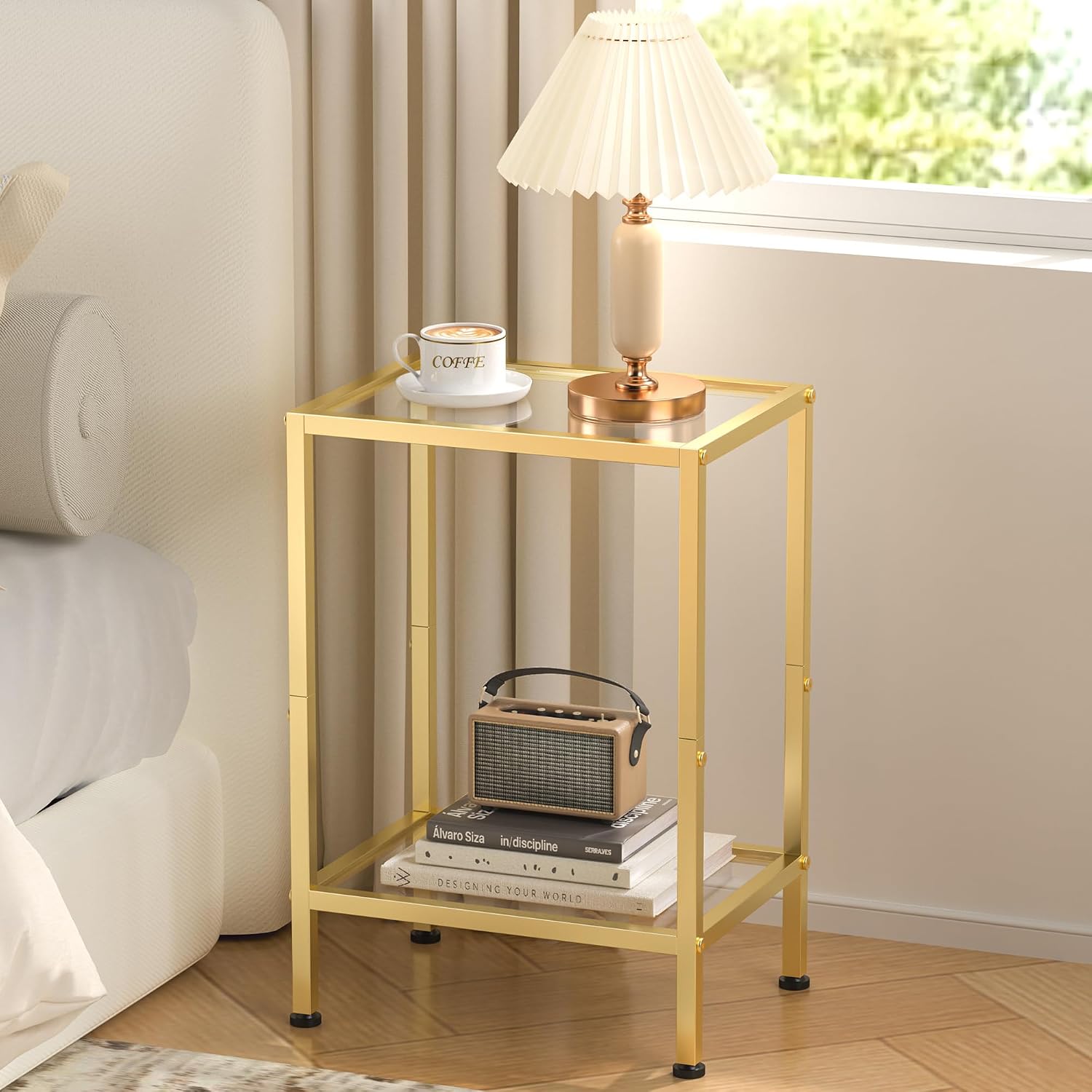 Glass Side Table, Tempered Glass End Table, 2-Tier Nightstands with Open Shelves, Small Coffee Table with Modern Style, Accent Table Small Table Sofa Table for Living Room, Bedroom,Gold