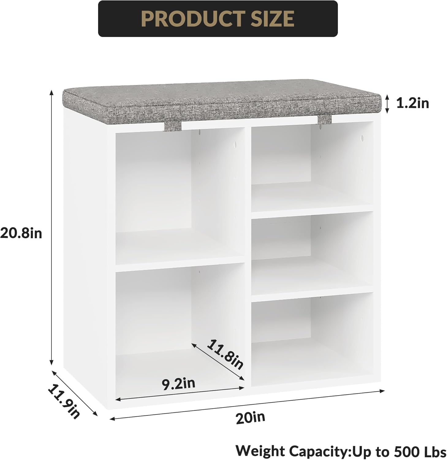 Shoe Bench with Padded Seat, 20'' Shoe Storage Bench with Adjustable Shelves & Side Pockets, 5 Cubes Storage Organizer for Entryway, Porch, Mudroom, Hallway(20''x12''x21''), White