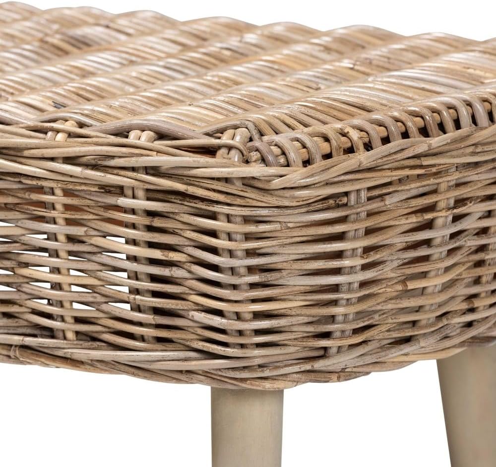 Accent Bench with Natural Kubu Rattan and Grey Acacia Wood for Living Room Entryway