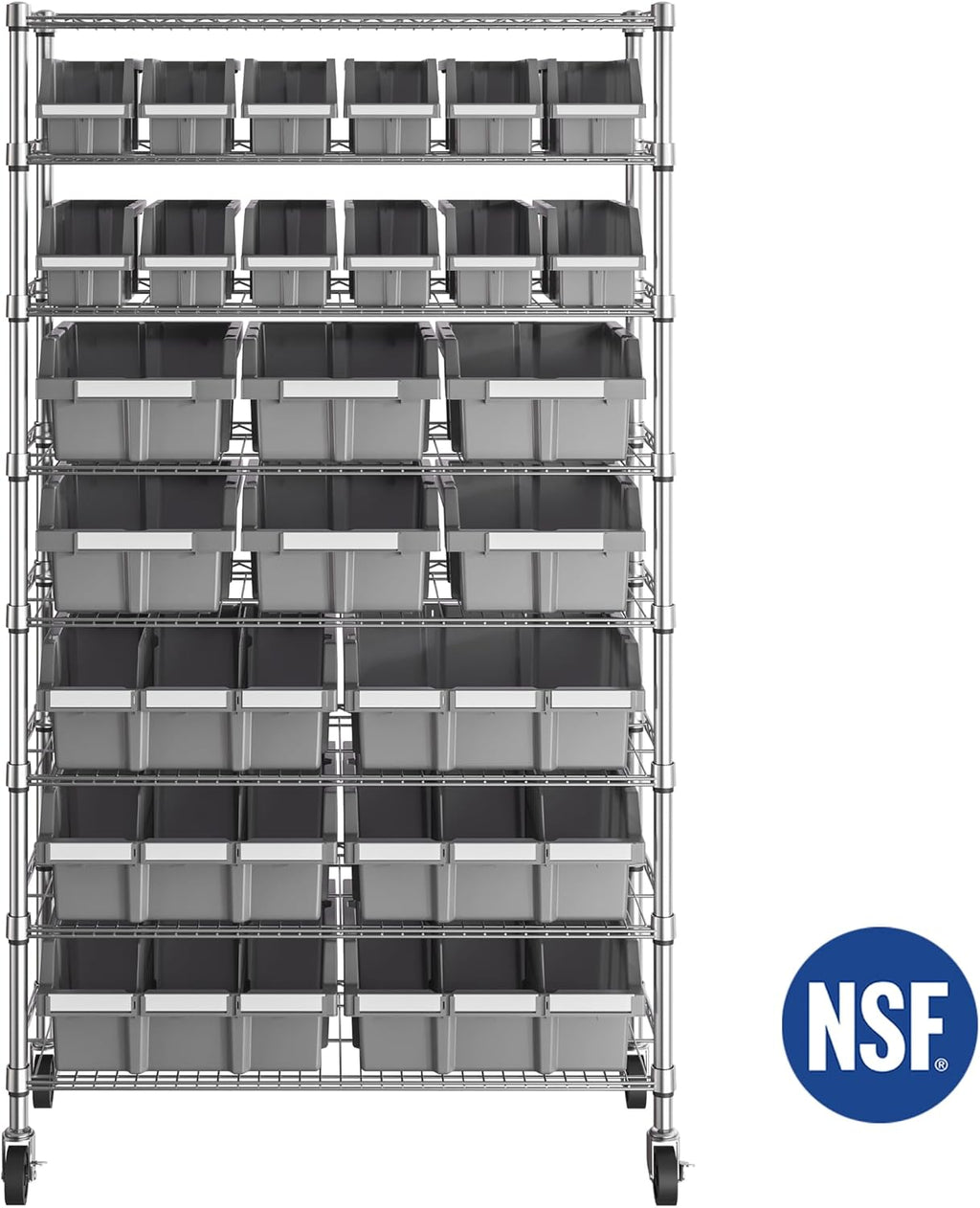 Seville Classics Heavy Duty NSF Bin Rack Solid Steel Wire Shelving Storage Unit, Patented Organizer for Garage, Warehouse, Office, Restaurant, Classroom, Kitchen, Gray, 8-Tier Includes 24 Bins