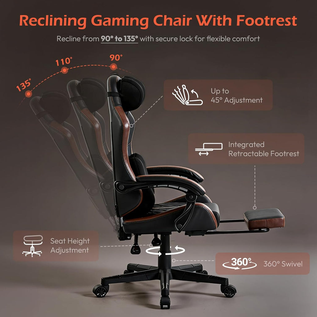 Ergonomic Gaming Chair for Adults with Footrest - PU Leather Computer Gamer Chair with Memory Foam Headrest & Lumbar Pillow, Reclining Silla Gamer Video Game Chair for Home Office, Black & Brown