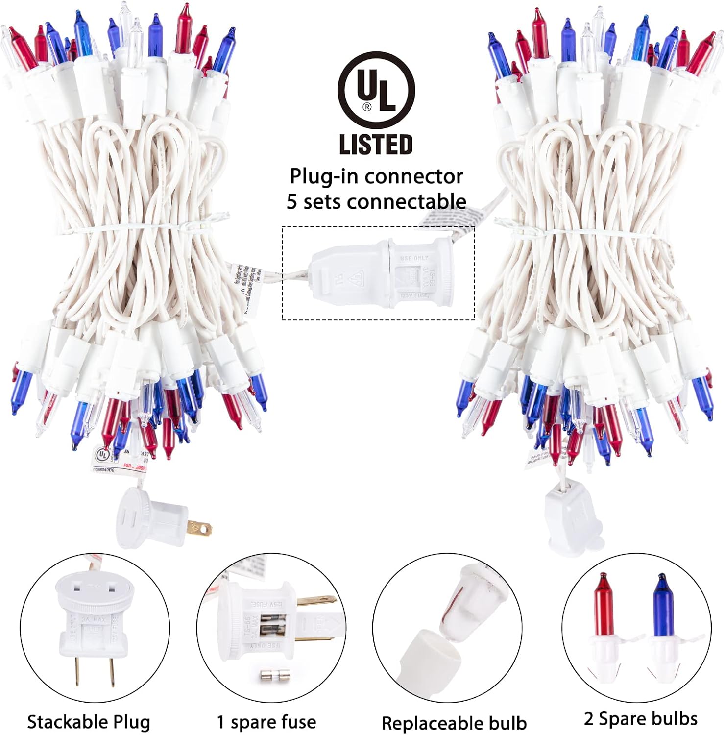 4th of July Decoration Patriotic Mini Lights - 100 Count 20 Feet Red White Blue Incandescent Bulb Waterproof String Lights Plug in for Indoor Outdoor Christmas Party Patio Independence Day Decoration