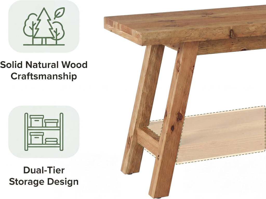 Tribesigns Farmhouse Solid Wood Dining Bench, 63-Inch Rustic Indoor Bench with Lower Storage Shelf for Dining Room, Kitchen, Living Room, Entryway, Natural Wood Finish (1)