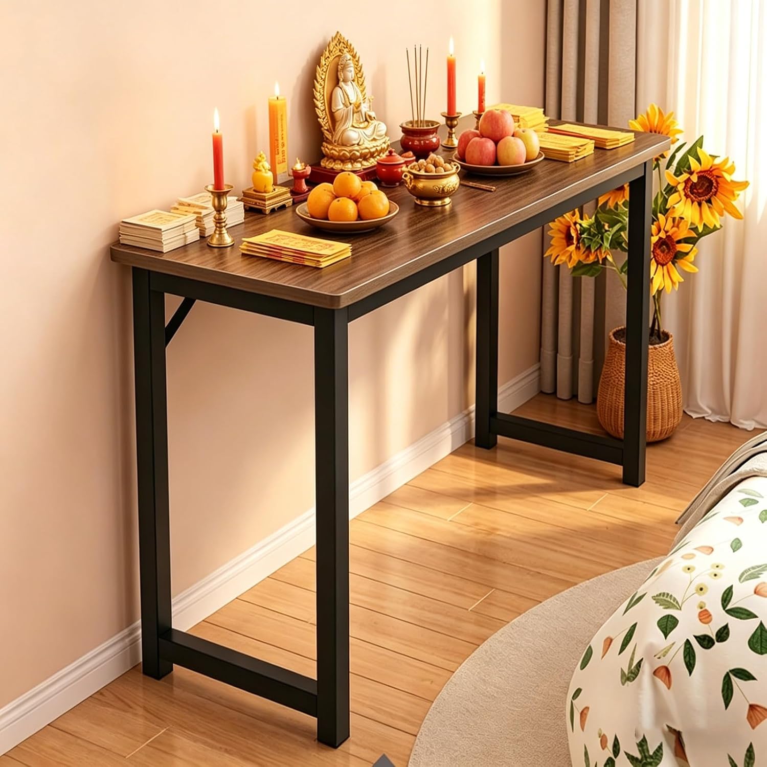 Prayer Meditation Table, Shrine Stand with Storage, Layered Buddha Altar Offering Pooja Table, Metal Frame, for Living Room Bedroom Office, Temple(Brown 1,120cm/47.2in)