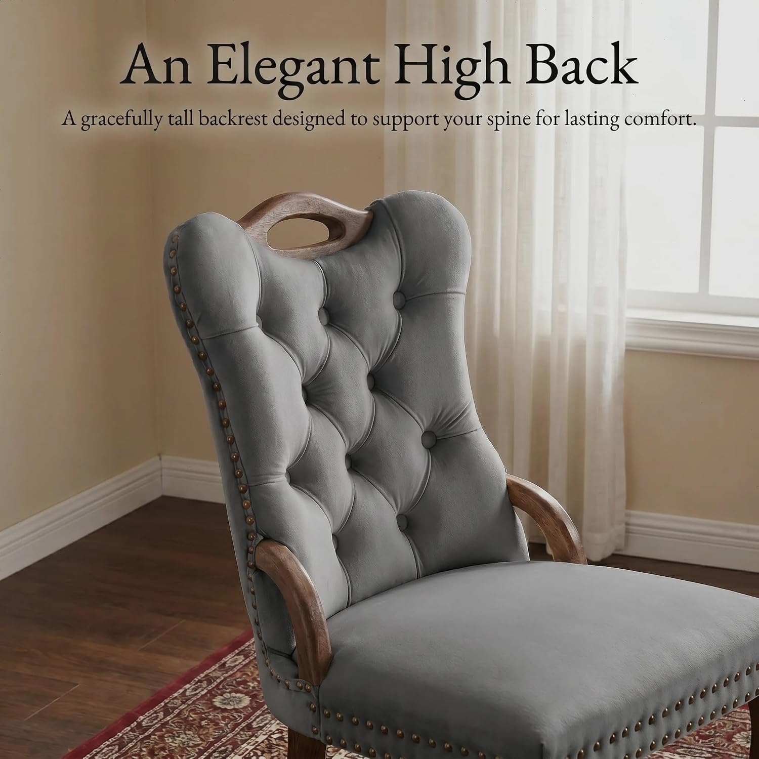 High Back Dining Chairs Set of 2 Vintage Velvet Upholstered Solidwood (Gray)