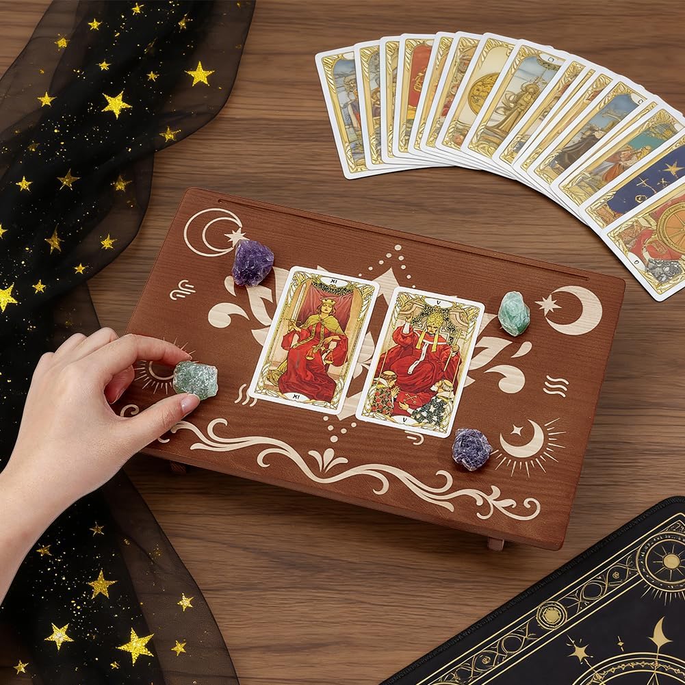 PH PandaHall Altar Table, 11.8"x7.8" Rectangle Wooden Meditation Table Engraved Flower Star Moon Patterns Wiccan Tables for Room Engraved Mystic Decor Witchcraft Supplies Buddhist Alter