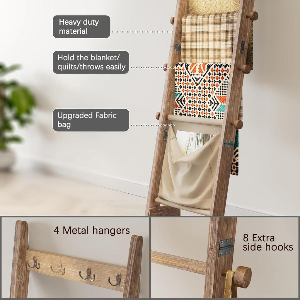 REFGY 5-Tier Blanket Ladder Shelf, 5.3FT (63'') Wall Leaning Blanket Ladders for Living Room Bedroom, Decorative Quilt Rack with 4 Metal Hooks, Rustic Farmhouse Decorative Ladder for Blankets, Brown