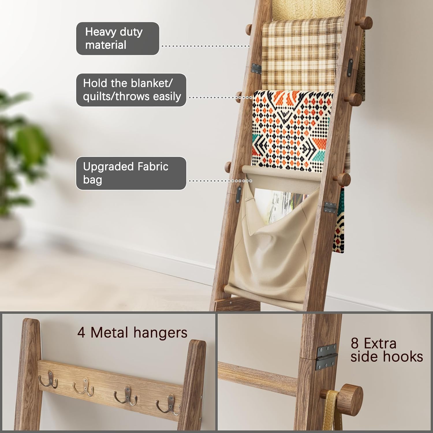 REFGY 5-Tier Blanket Ladder Shelf, 5.3FT (63'') Wall Leaning Blanket Ladders for Living Room Bedroom, Decorative Quilt Rack with 4 Metal Hooks, Rustic Farmhouse Decorative Ladder for Blankets, Brown