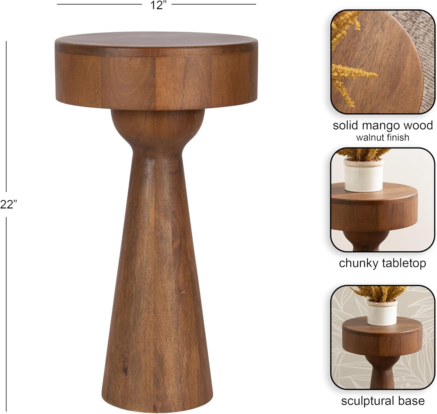 Kate and Laurel Solbrett Transitional Sophisticated Round Side Table, 12 x 12 x 22, Walnut, Sculptural Living Room End Table with Unique Pedestal Table Design for Use as Bedroom Nightstand