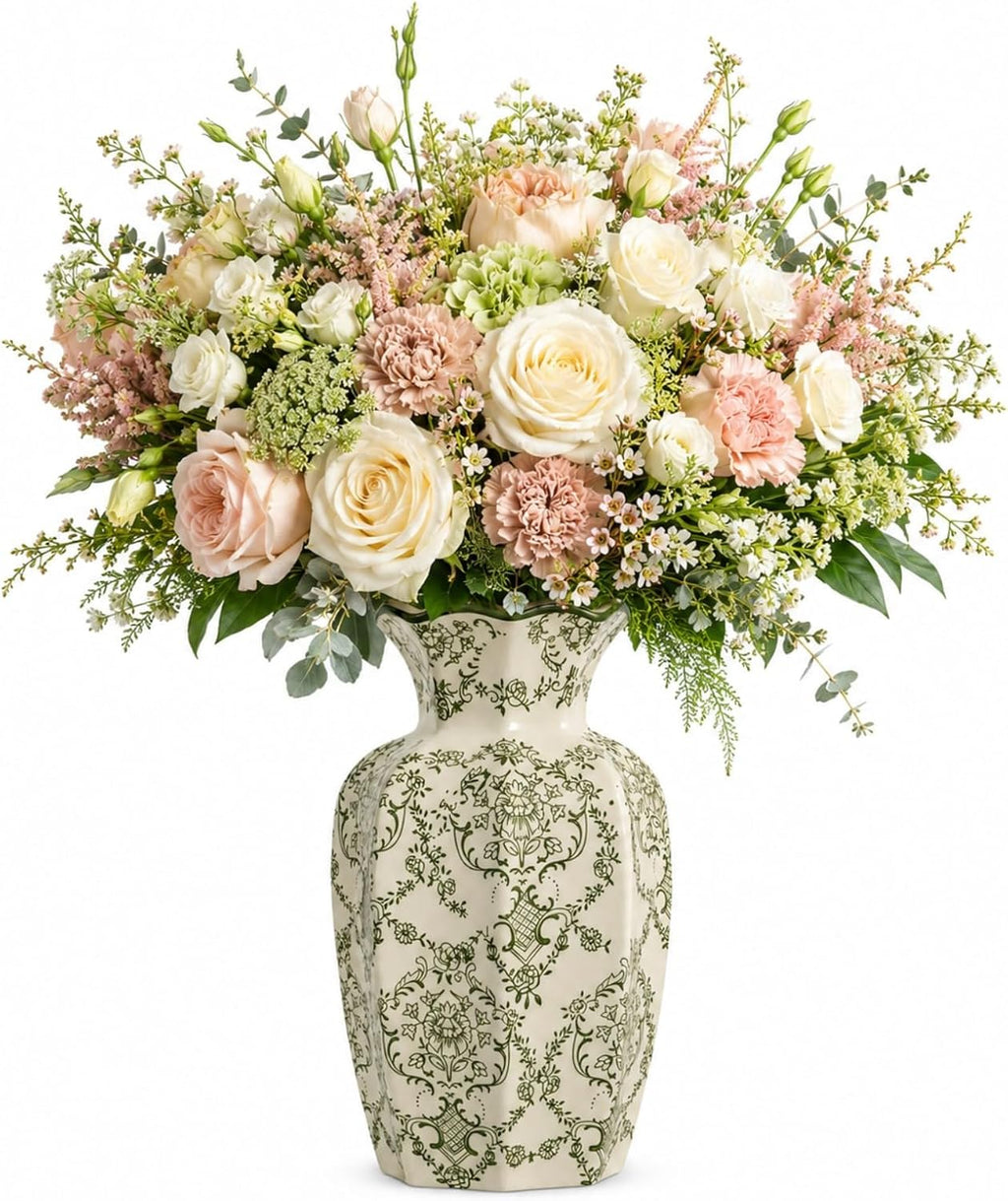 Chinoiserie Ceramic Vase,Green and White Vase,Vintage Vases,Flower Vase for Centerpiece,Chinese Cute Vases for Living Room, Office,Home Decor,French Country Decor (Green White, Large)