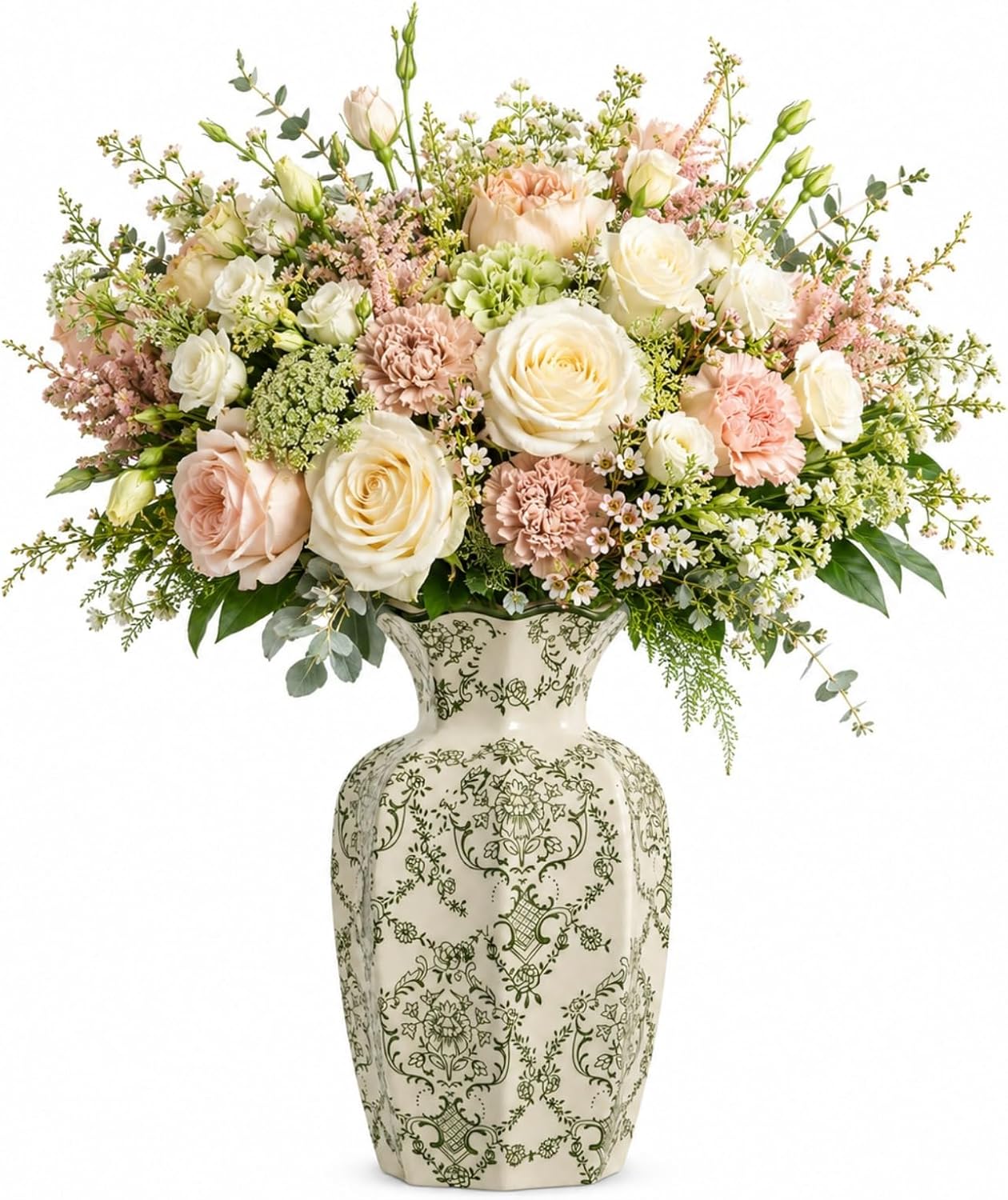 Chinoiserie Ceramic Vase,Green and White Vase,Vintage Vases,Flower Vase for Centerpiece,Chinese Cute Vases for Living Room, Office,Home Decor,French Country Decor (Green White, Large)