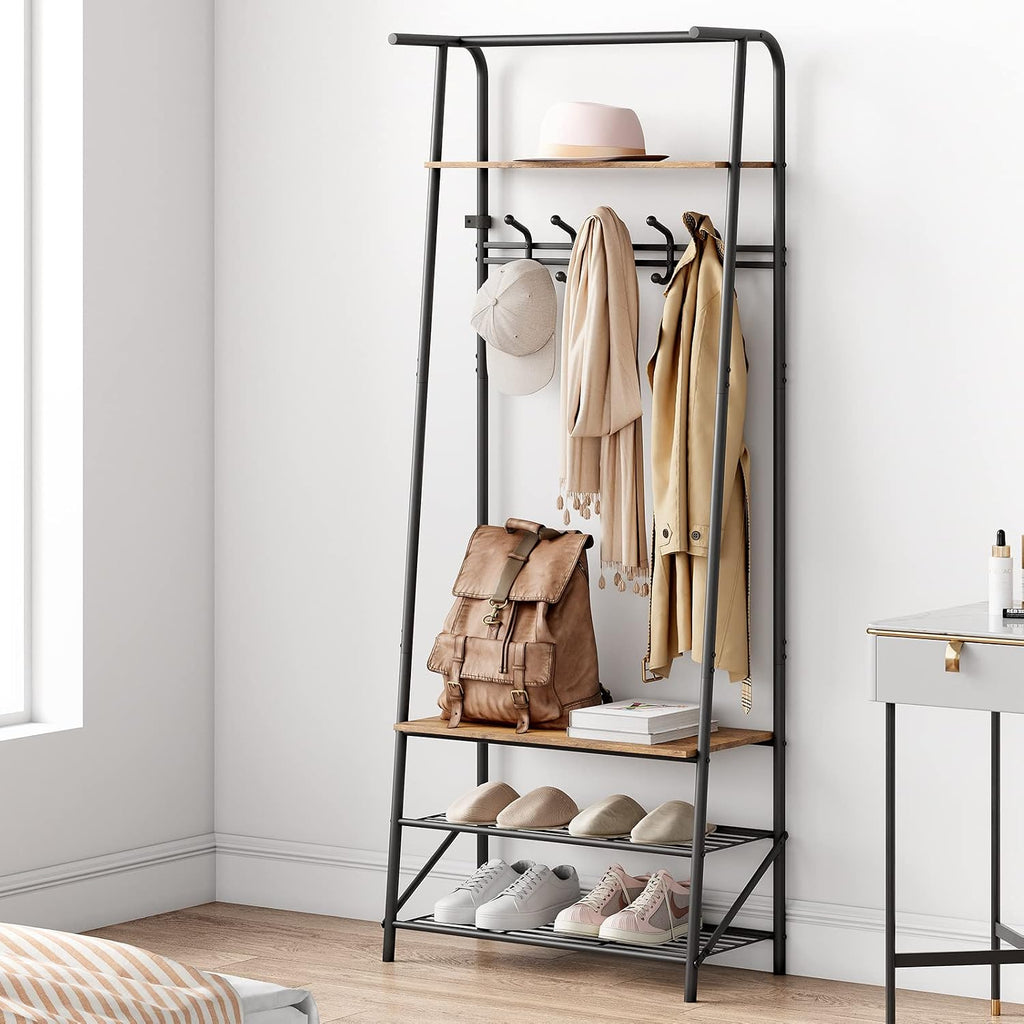 Amyove Hall Trees Entryway Bench with Storage, Multifunctional Hallway Organizer, Wood Look Accent Furniture with Metal Frame (Black, 5 hooks-25.2 in)