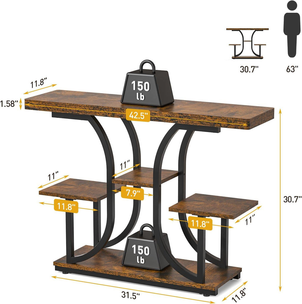 ikkle 42.5" Console Table, Industrial 4-Tier Sofa Table Entryway Table with Curved Base, Narrow Wood Accent Tables with Storage Shelves for Living Room, Hallway, Foyer, Rustic Brown
