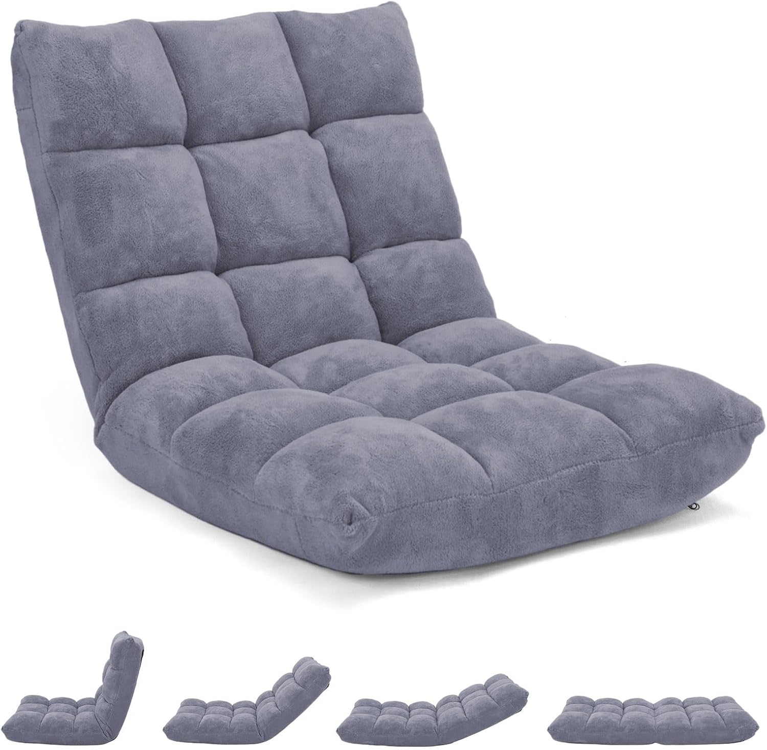 MAT EXPERT Floor Chair with Back Support, Floor Gaming Chair w/ 14 Adjustable Position, Soft Coral Fleece&Alloy Steel Frame, Foldable Padded Lazy Couch Recliner for Meditating (Gray, Large)