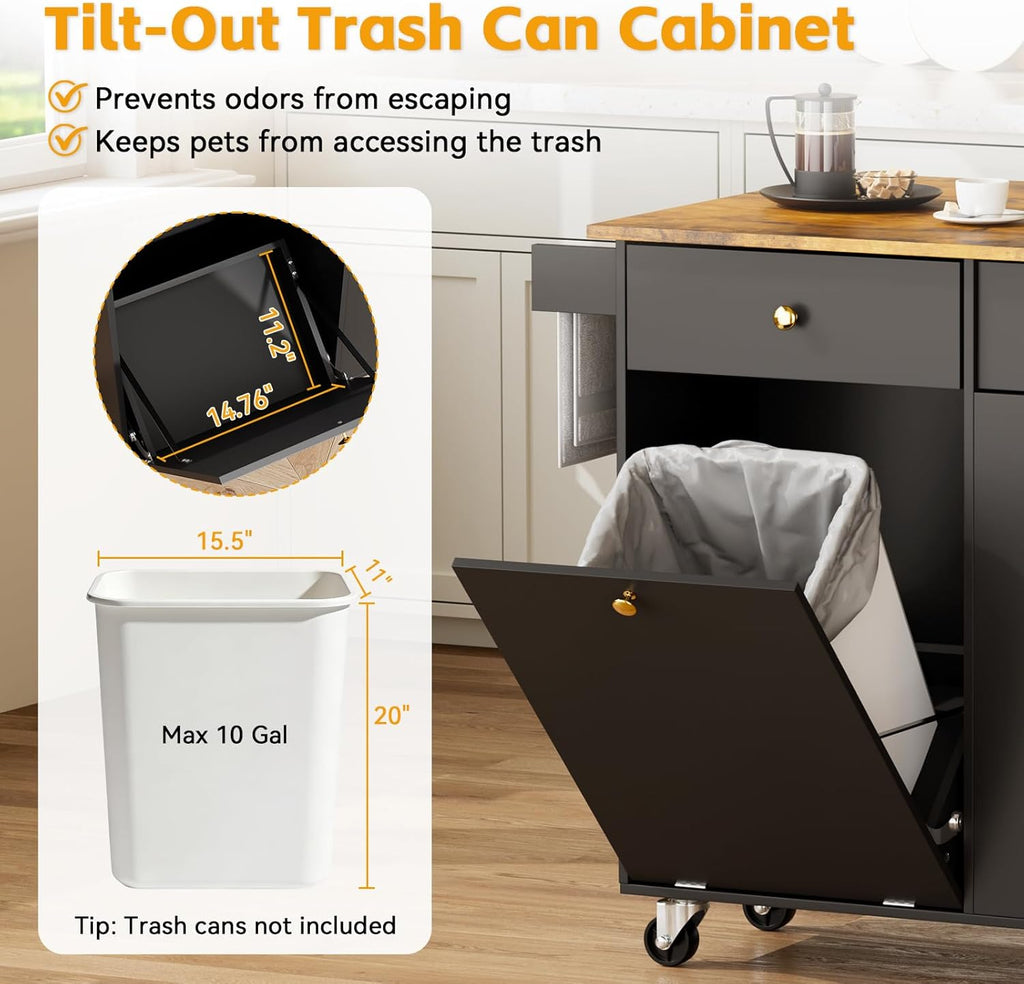 50.4" Kitchen Island with Storage,Rolling Kitchen Table with Power Outlet, Kitchen Island Cart with Folding Drop Leaf, Trash Storage Cabinet, Spice Rack, Towel Rack and Drawer-Black