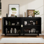 Modern Rattan Storage Sideboard Cabinet, Black Wood Buffet with Magnetic Latch, Adjustable Shelf. [2Pcs, Black]