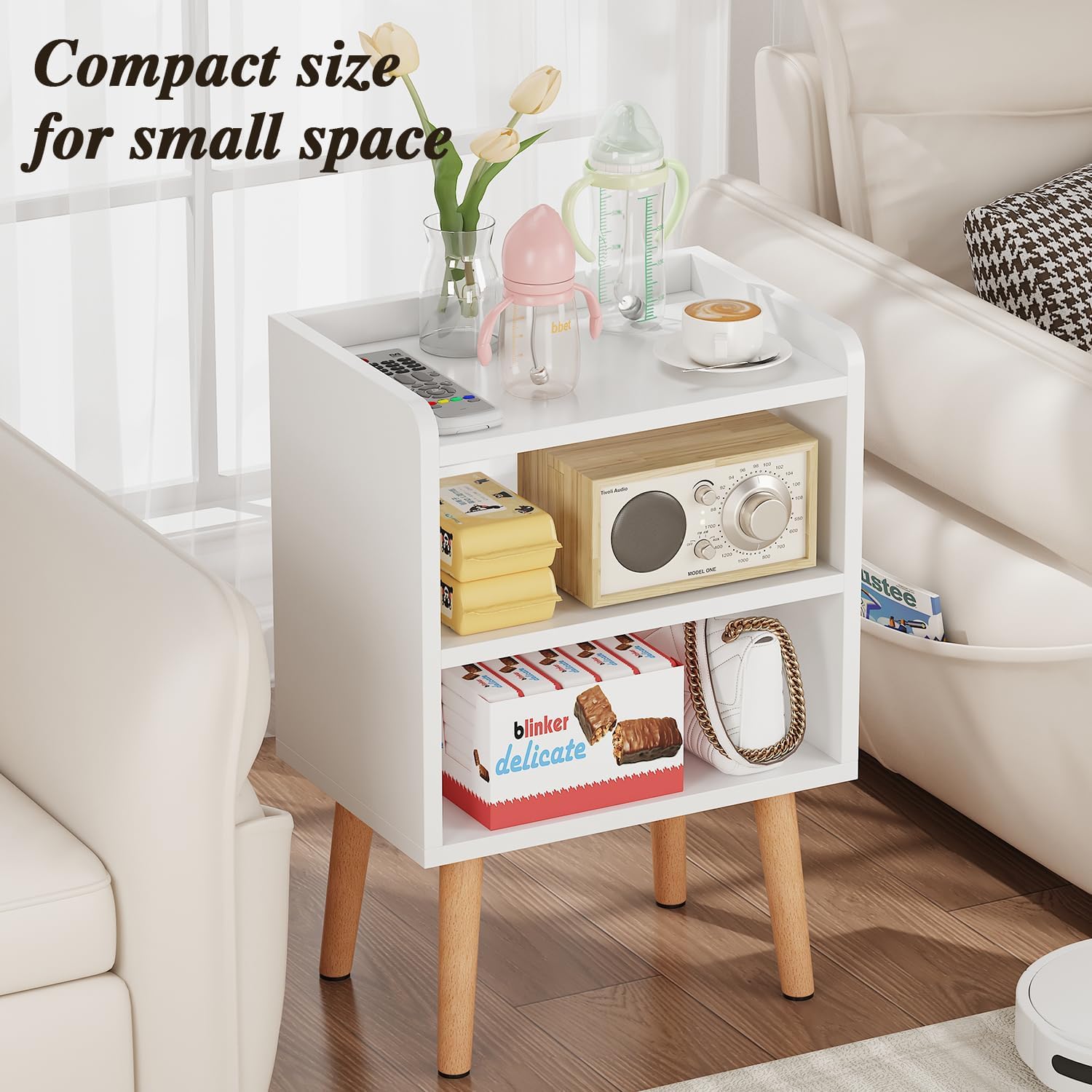 White Nightstand Small Bedside Table Kids Nightstand 3-tier Wood Side Table | Mid Century Modern Nightstand, Small Bedside Table for Bedroom, Kids Room & Small Spaces.