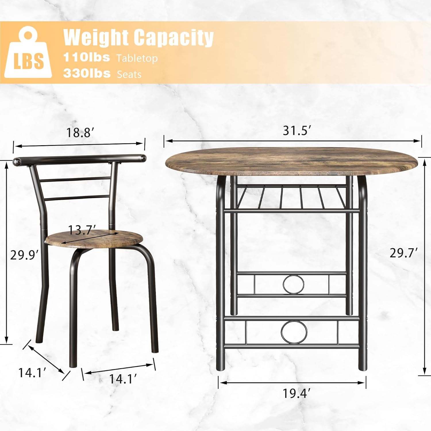 JUMMICO 3-Piece Wooden Round Table & Chair Set, Space Saving Kitchen Breakfast Nook Wood Grain Tabletop with Metal Frame and Built-in Wine Rack for Kitchen, Dining Room (Walnut/Black)