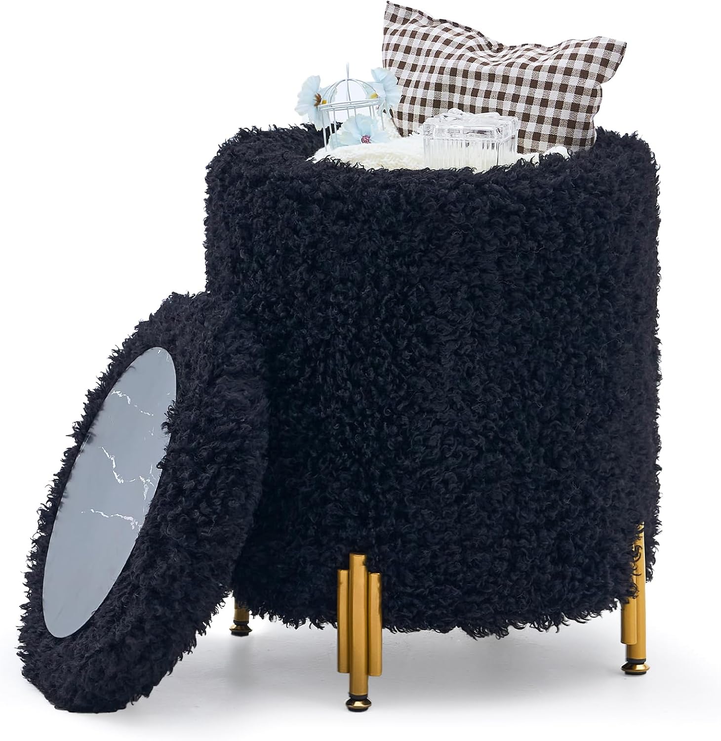 Round Ottoman Foot Stool with Storage and Metal Legs for Living Room Bedroom, Velvet Upholstered Footrest Stool Support 300lbs Modern Padded Seat Ottoman Coffee Table (Black-Long Wool)