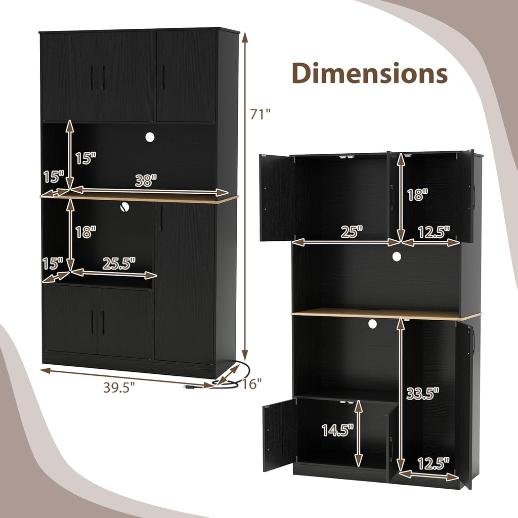 71" Large Kitchen Hutch with Power Outlet, Freestanding Pantry Cabinet with Microwave Shelf, Kitchen Cabinet with Countertop, Dining Room Hutch