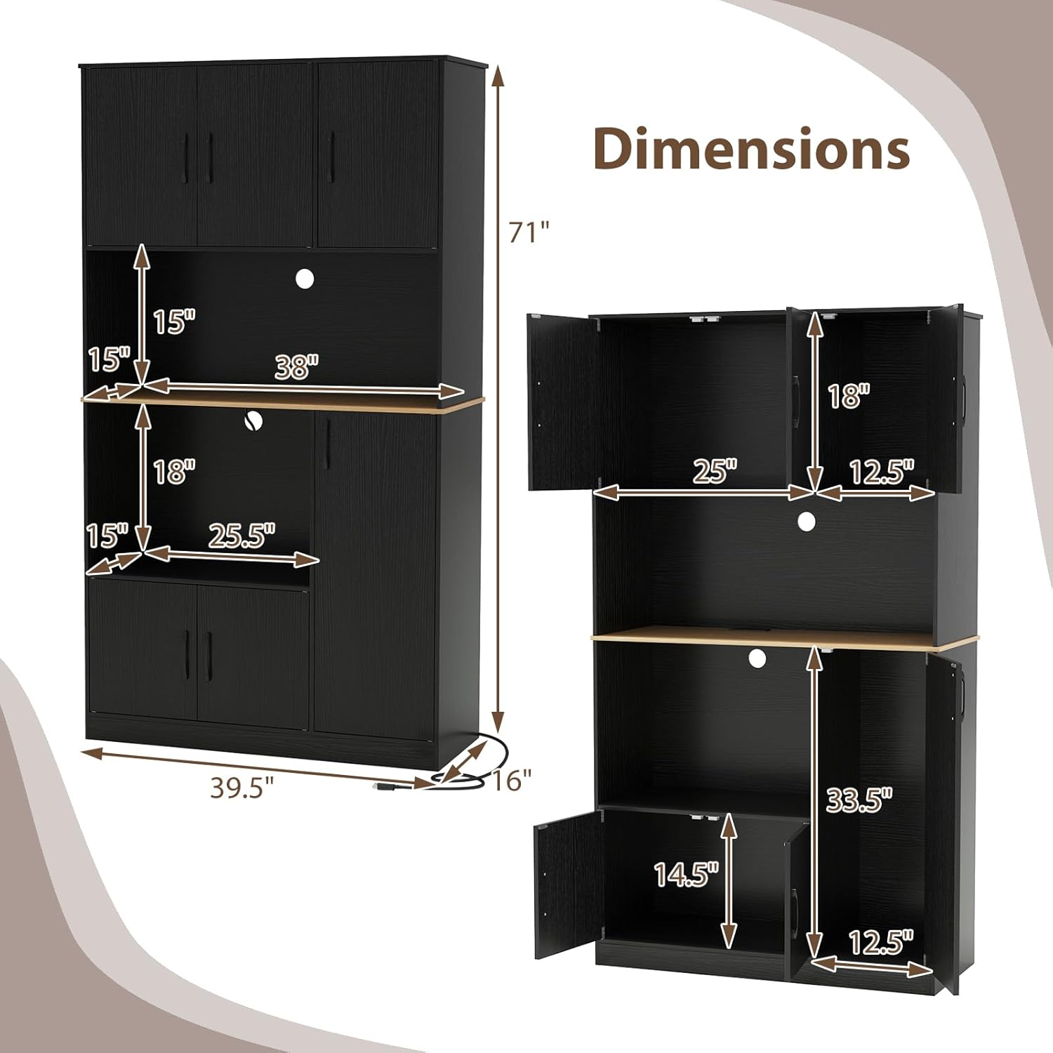71" Large Kitchen Hutch with Power Outlet, Freestanding Pantry Cabinet with Microwave Shelf, Kitchen Cabinet with Countertop, Dining Room Hutch