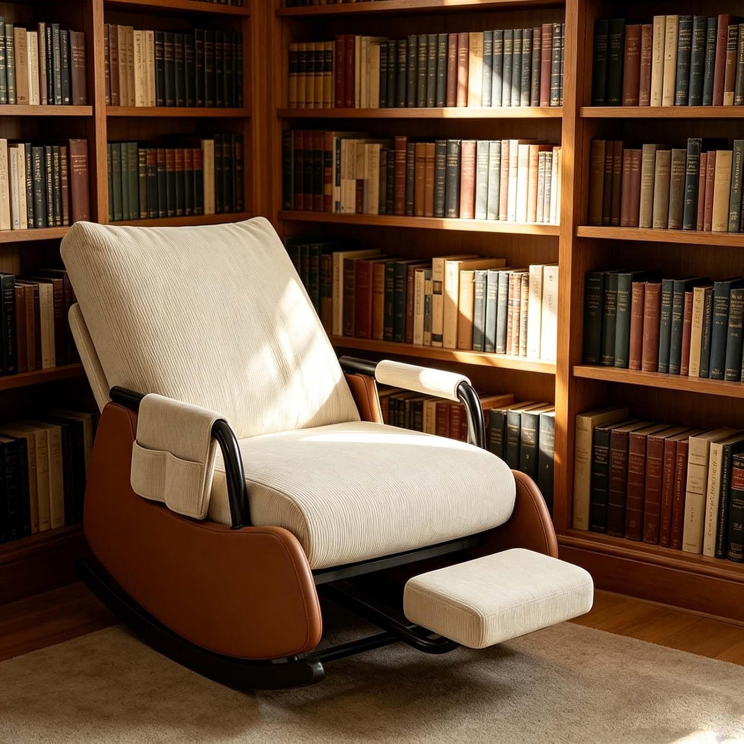 Ergonomic Folding Rocking Chair with Footrest,Folding Rocking Chair | Single Lazy Relax Chair with Arm Storage Pocket for Reading Napping Lounging