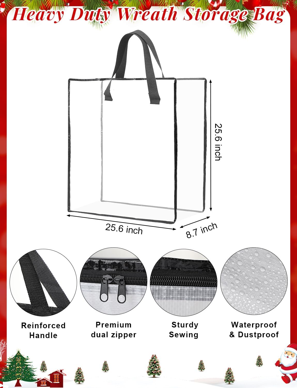 HFKPJRT 10 Pack Wreath Storage Bag, 26" 90 L Garland Container, Wreath Bags for Halloween Christmas Decorations, Large Clear Moving Bags with Handle, Under The Bed Storage for Bedding, Clothing, Toys