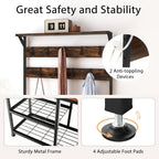 Tangkula Coat Rack Shoe Bench, 3-in-1 Industrial Hall Tree w/Storage Bench & 9 Hanging Hooks, 3-Tier Wood Look Entryway Bench w/Metal Frame, Adjustable Foot Pads for Dorm, Apartment, Hall, Brown
