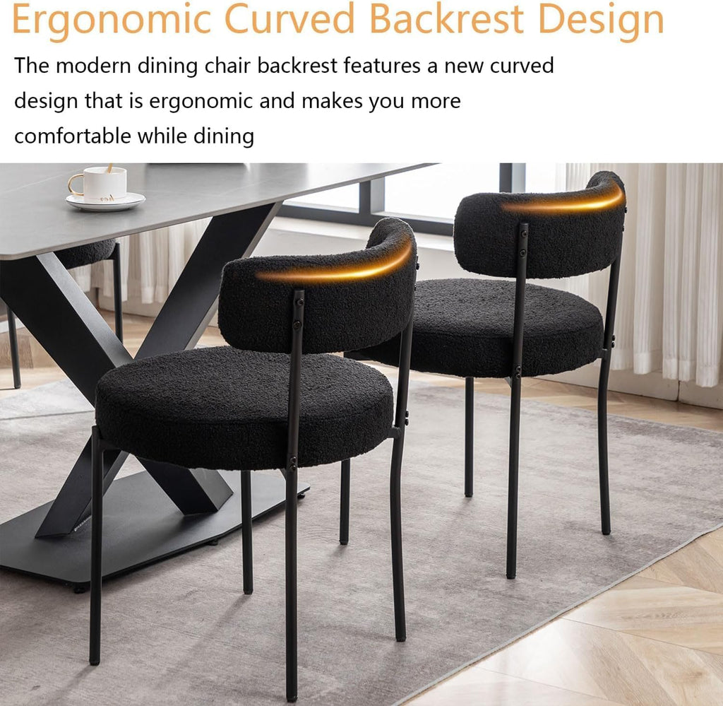 Cinxzar Black Boucle Dining Chairs Set of 4, Upholstered Dining Chairs with Black Metal Legs, Round Modern Dining Chair for Dining Room